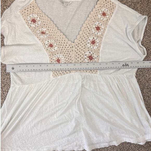 Lucky Brand Womens L Boho Peasant Cottagecore Crochet Granny Square Linen Top - Picture 10 of 11